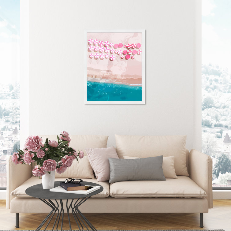 Glam Summer Ocean Coastal Blue Beach Front Umbrella Pink, Glam Summer Ocean  Coastal Blue Framed On Paper Painting